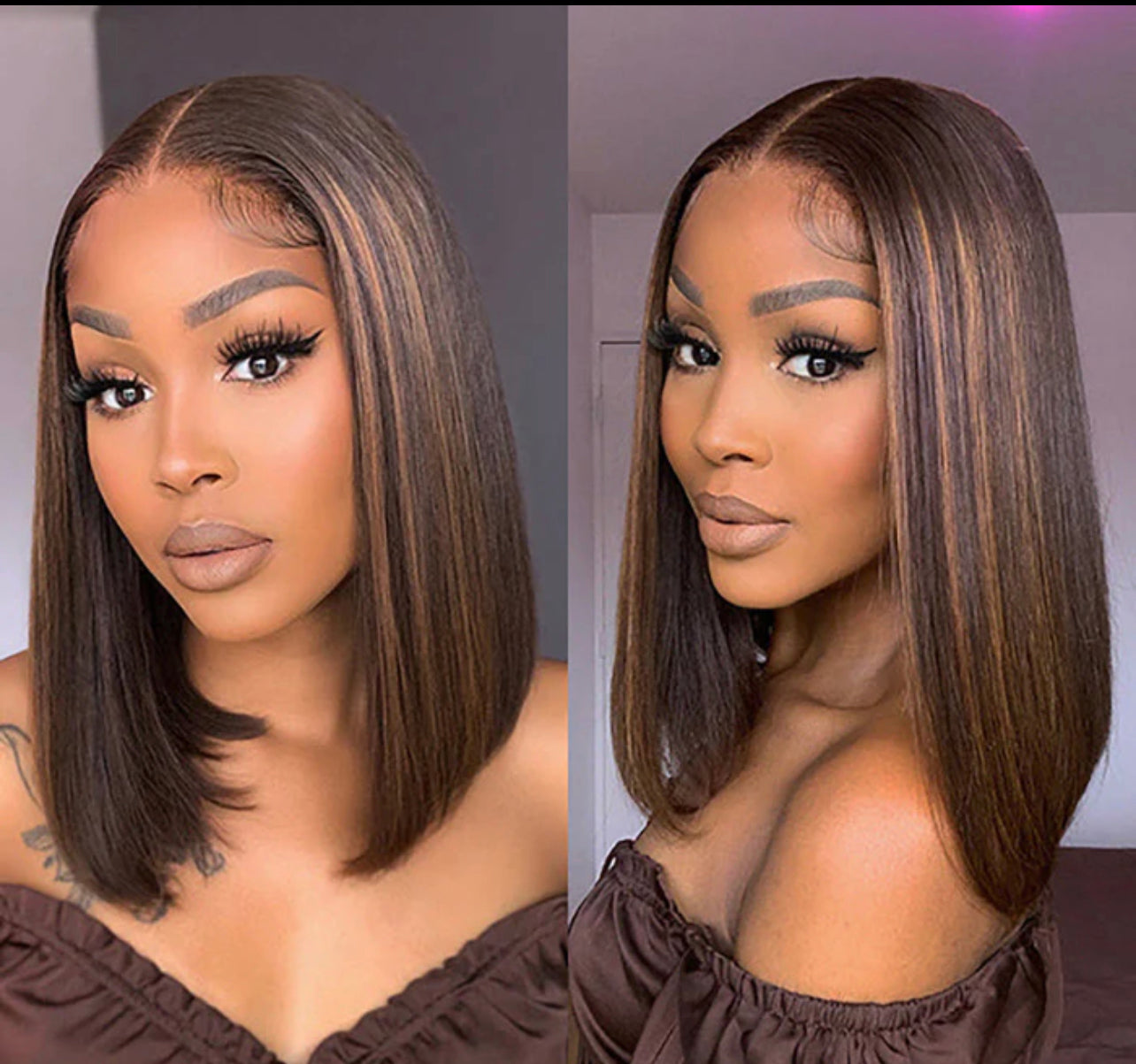 12 Inch Chestnut Brown Highlights Straight 4x4 Closure Bod Wig 150 % Density
