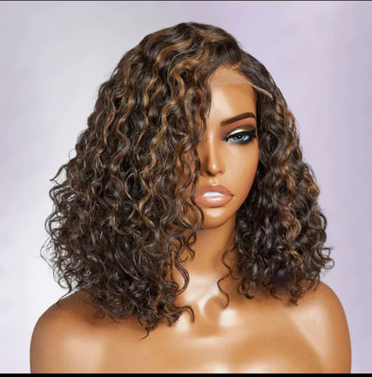 12 Inches Blonde Highlights Curly #1B/27 HD Lace Glueless C Part Short Wig